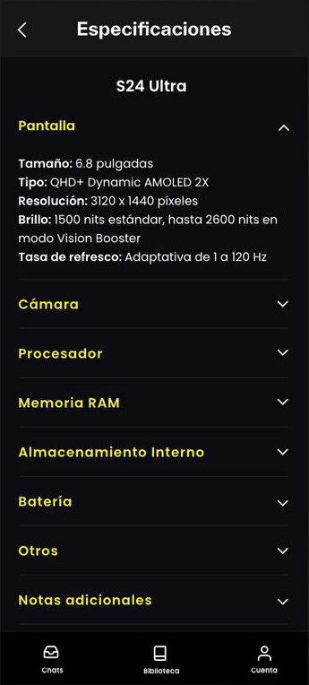 Device specification sheet